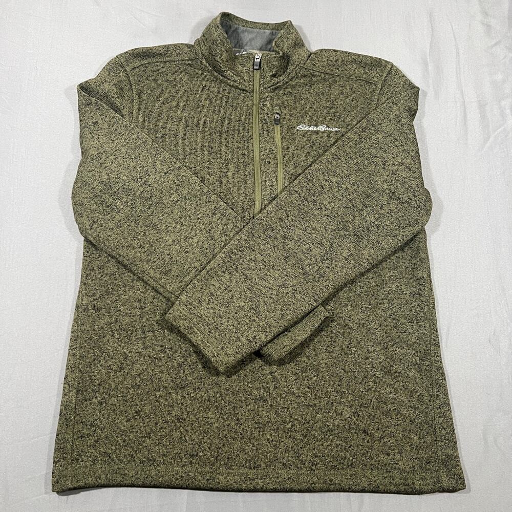 Eddie Bauer Mens Large 1/4 Zip Fleece Pullover Olive Green Sweater Jacket